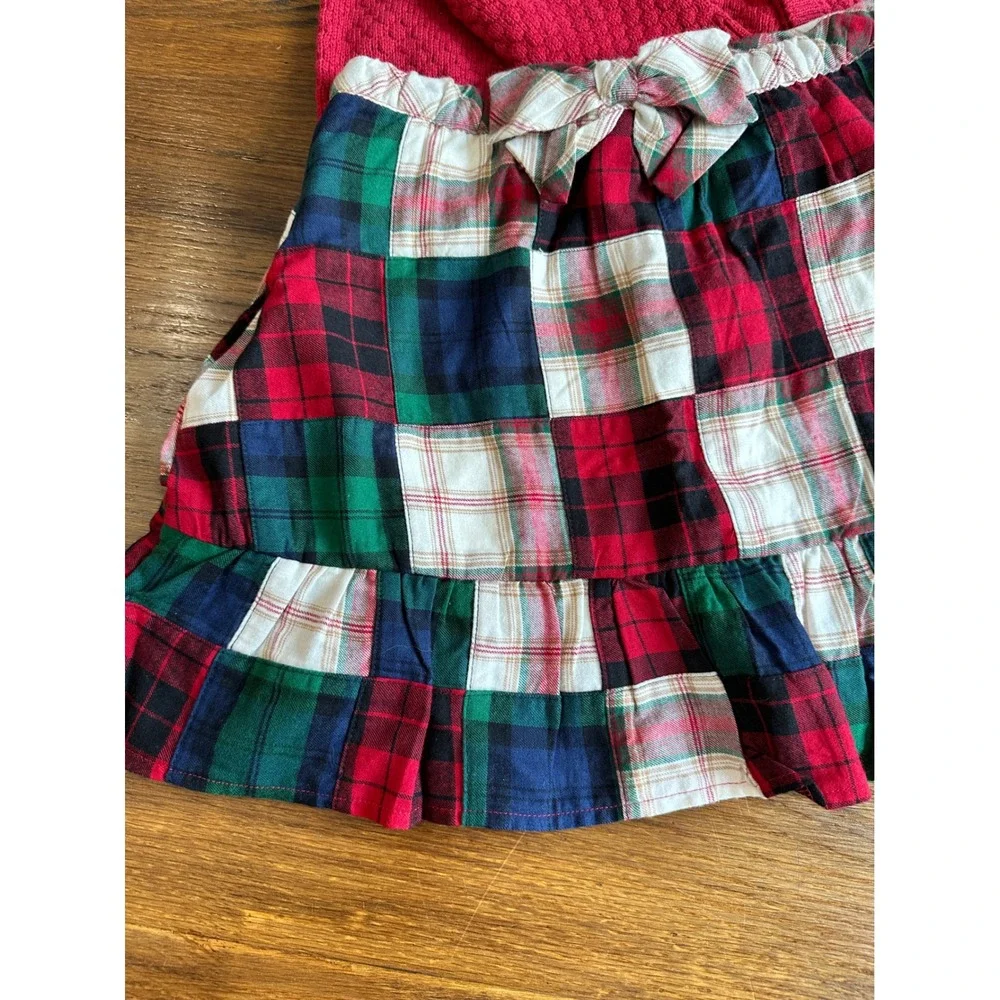 Gymboree Girls Red Popcorn Knit Sweater and Plaid Patchwork Skirt Set Size 10